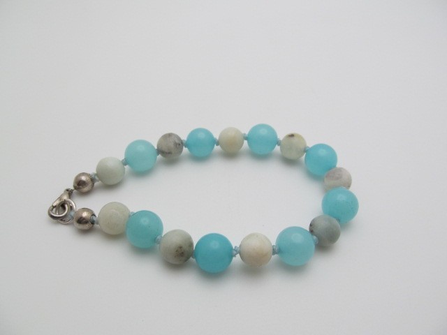 Blue Amazonite Natural Stone Knotted Ball 9.5mm Silver Tone Bracelet 8.25 In