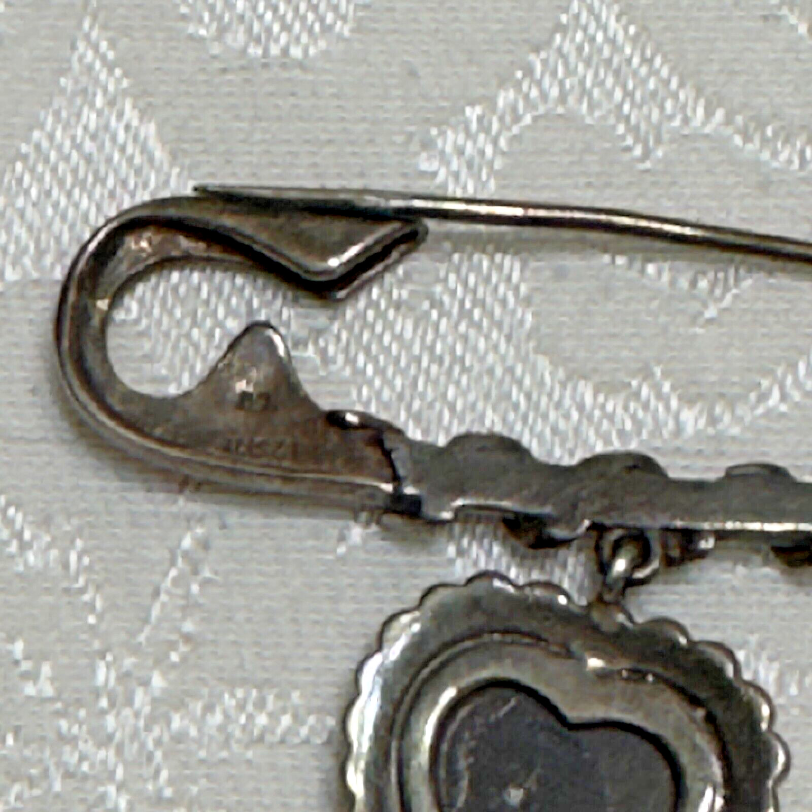 925 Sterling Silver Vintage Black Onyx Marcasite Brooch Safety Pin Heart 9.45g