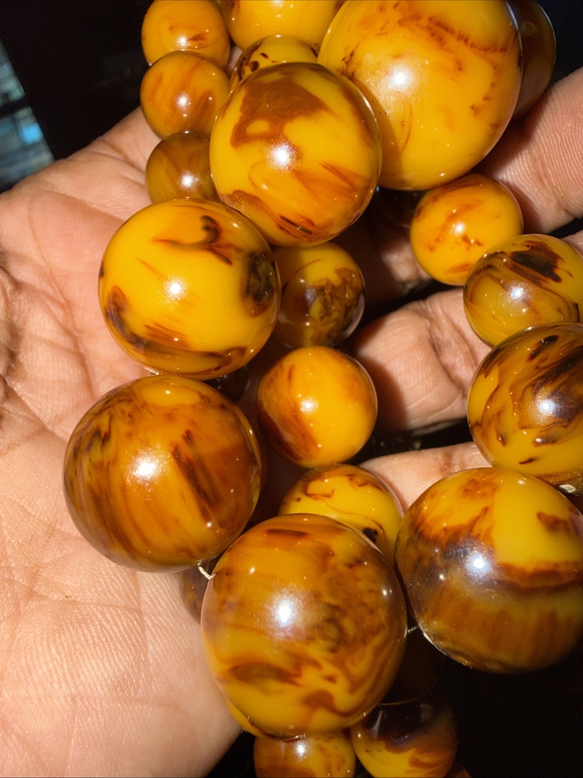 Bakelite Egg Yolk Amber Beaded Necklace Marbled Graduated Steel Cable