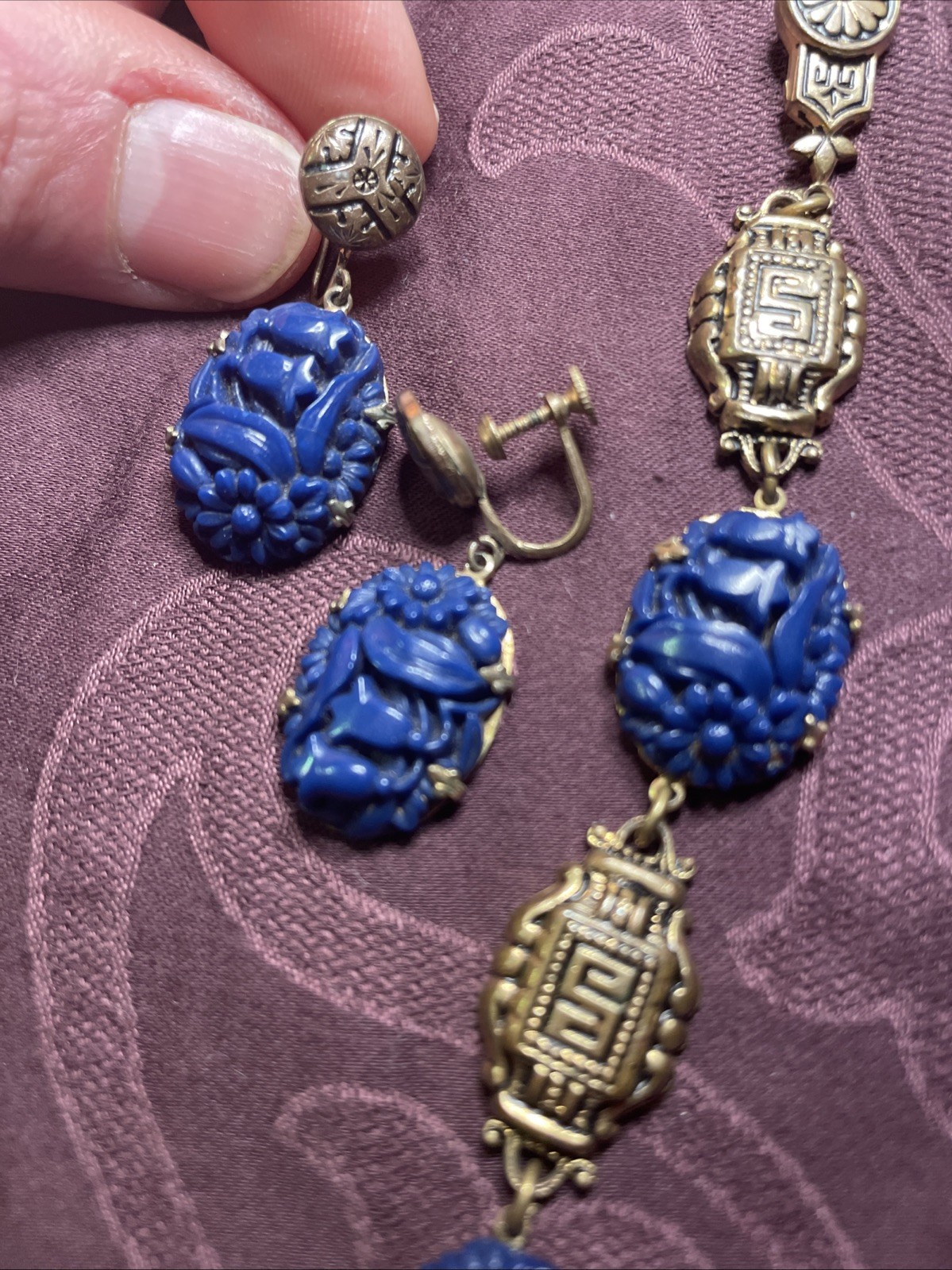 Antique Art Deco Blue Molded Glass Bracelet Screw Earrings Egypt Gold Tone Set