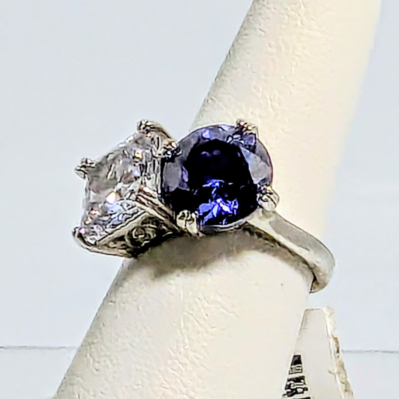Sterling Silver Moissanite & Iolite Cushion Cut Ring 4.9ctw & 3.87 Ctw Size 6.5