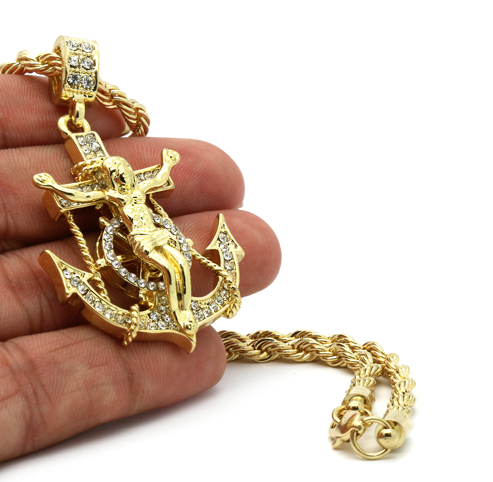 Mens Hip Hop 14k Gold Plated Jesus Hook Pendant Cubic-Zirconia 24″ Rope Chain