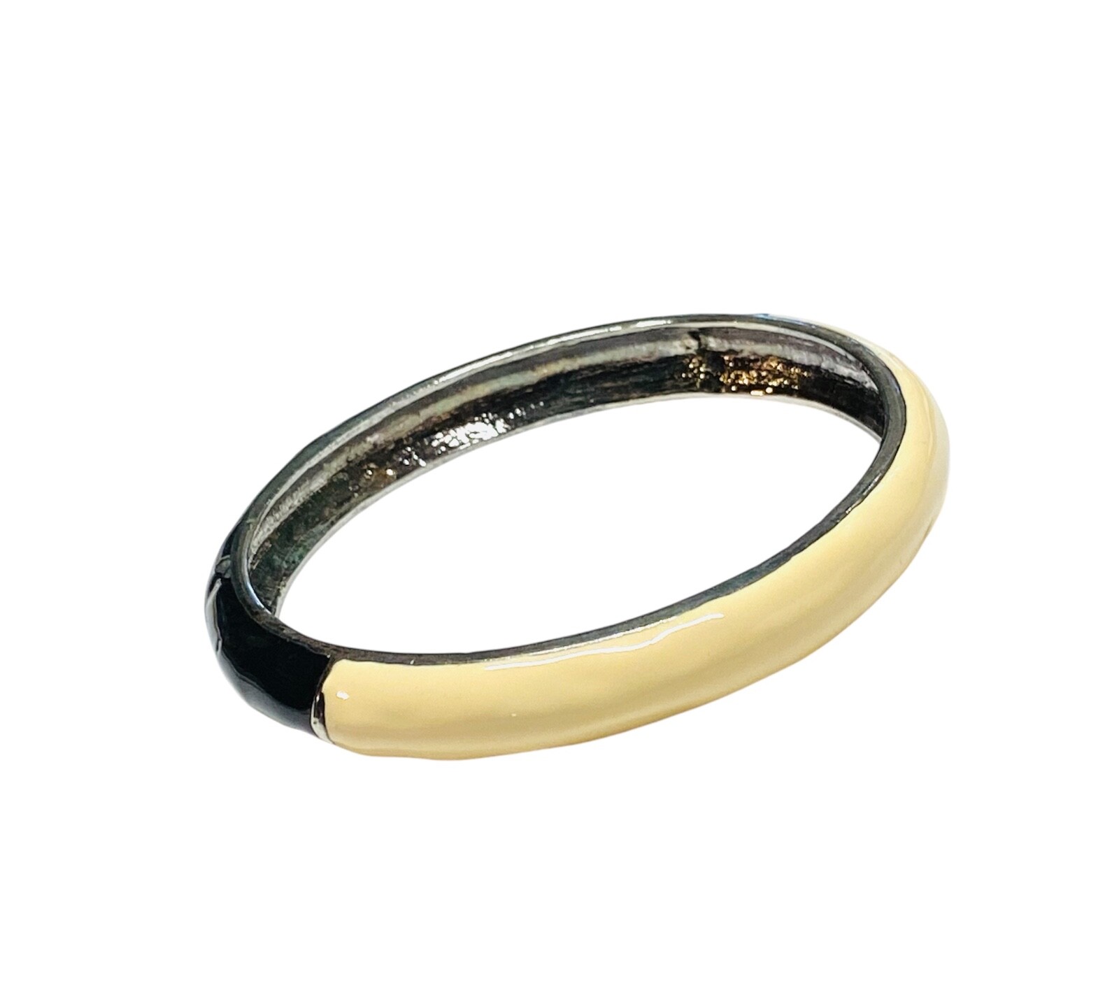 Vintage Black & Cream White Enamel Silver Tone Bangle Hinged Bracelet Clamper
