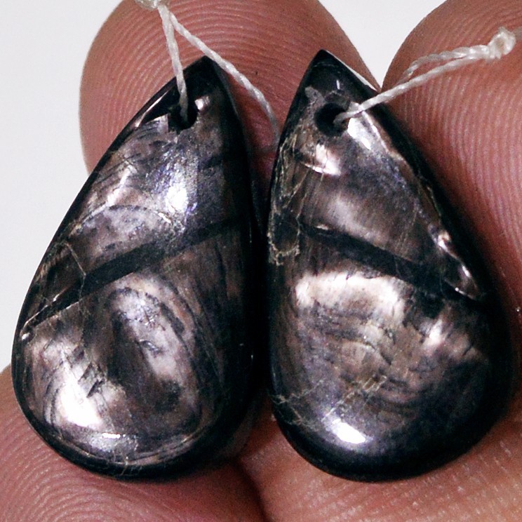 25 Cts Natural Hypersthene Gemstone Cabochon Earrings Pair 21x12mm #P2276