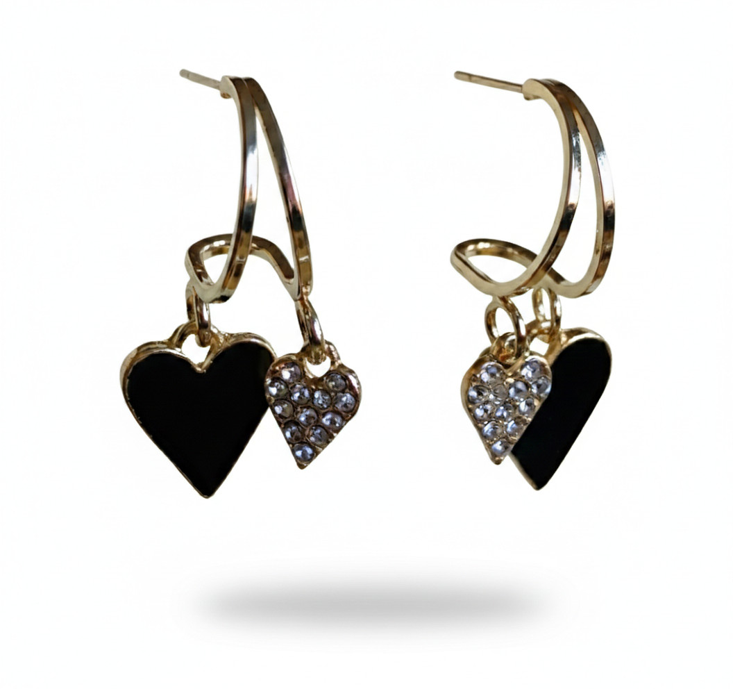 Gold Black Diamante Heart Drop Earrings Dangle Womens Stylish Fashion Jewellery