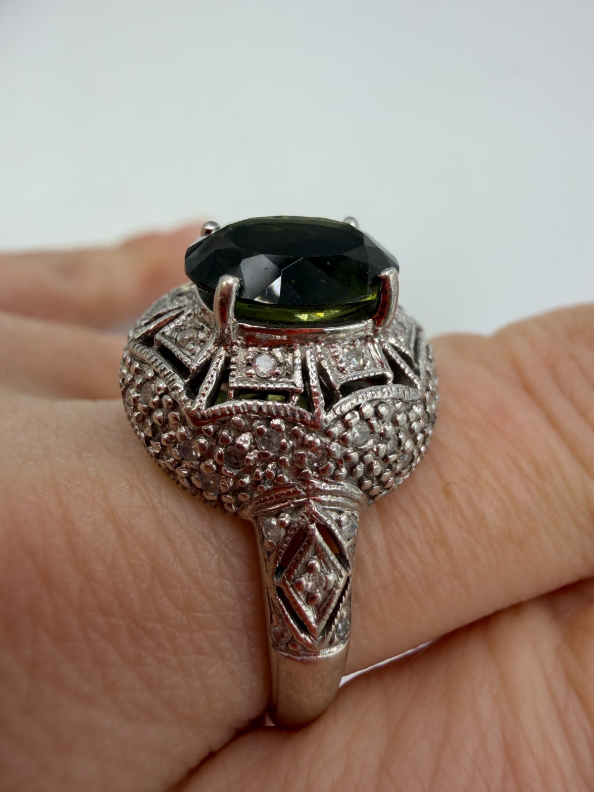 Sterling Silver Ring Olive Green Revival Deco Style Cocktail YSG Size 10 PX