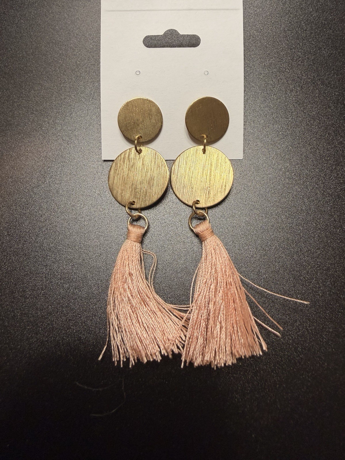 Gold Tone Round Disc Dangle Earrings Pink Tassel Fringe Bohemian Butterfly