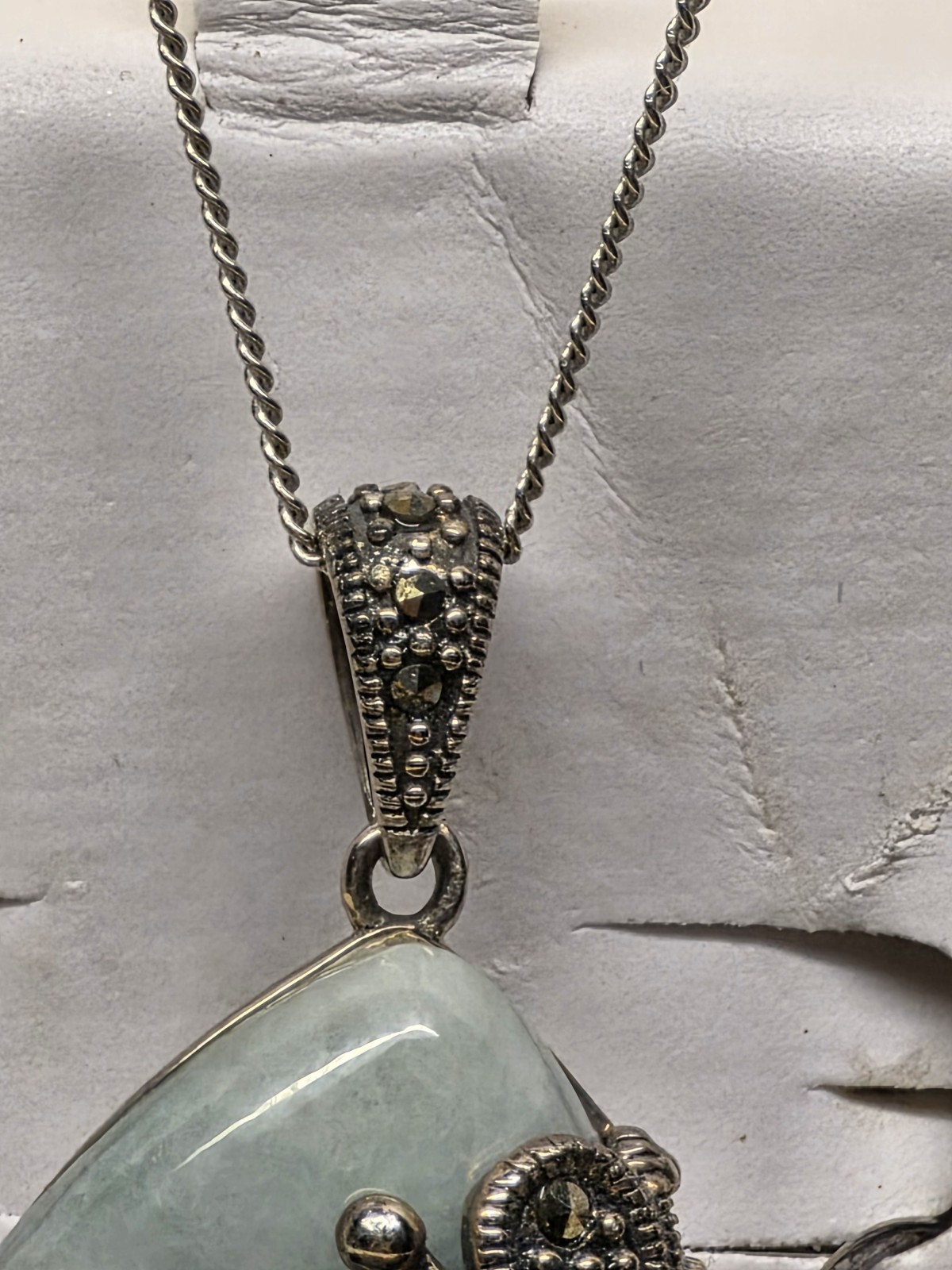 Vintage Sterling Silver Marcasite Jade Necklace & Earrings Set Butterfly Design