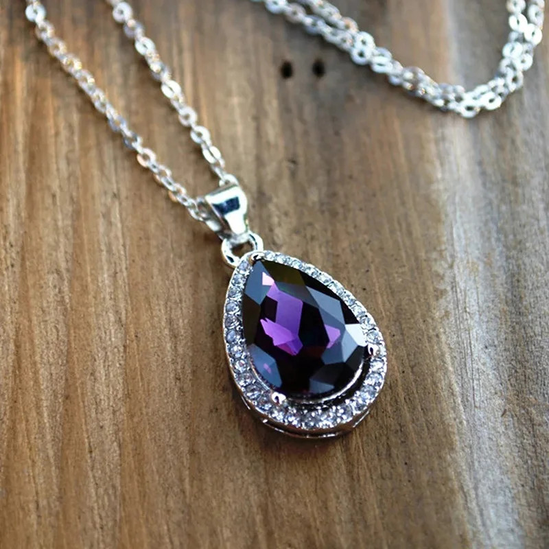 Elegant Purple Crystal Teardrop Necklace Women Wedding Party Jewelry Gift