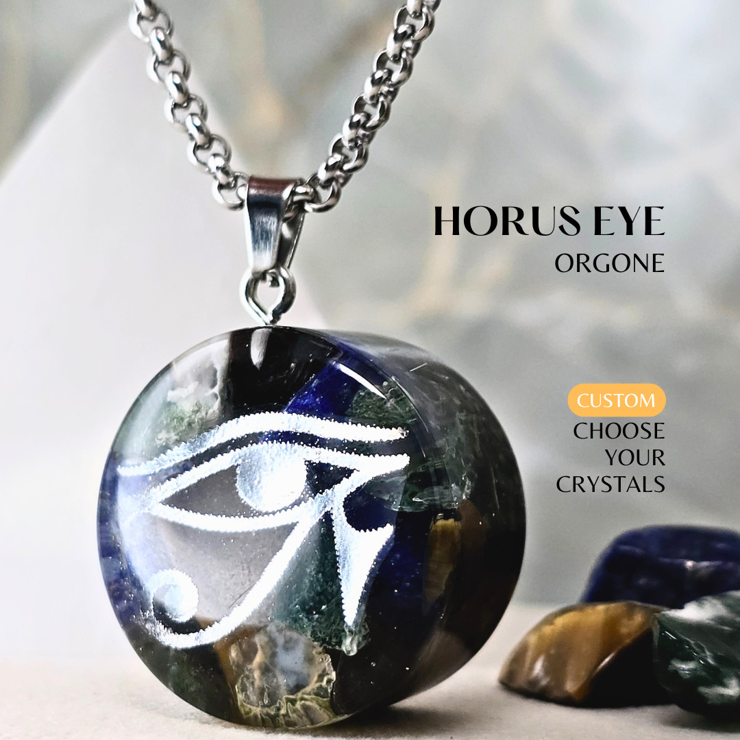 Horus Eye Orgonite – Custom Orgone Generator for protection, health +50 crystals