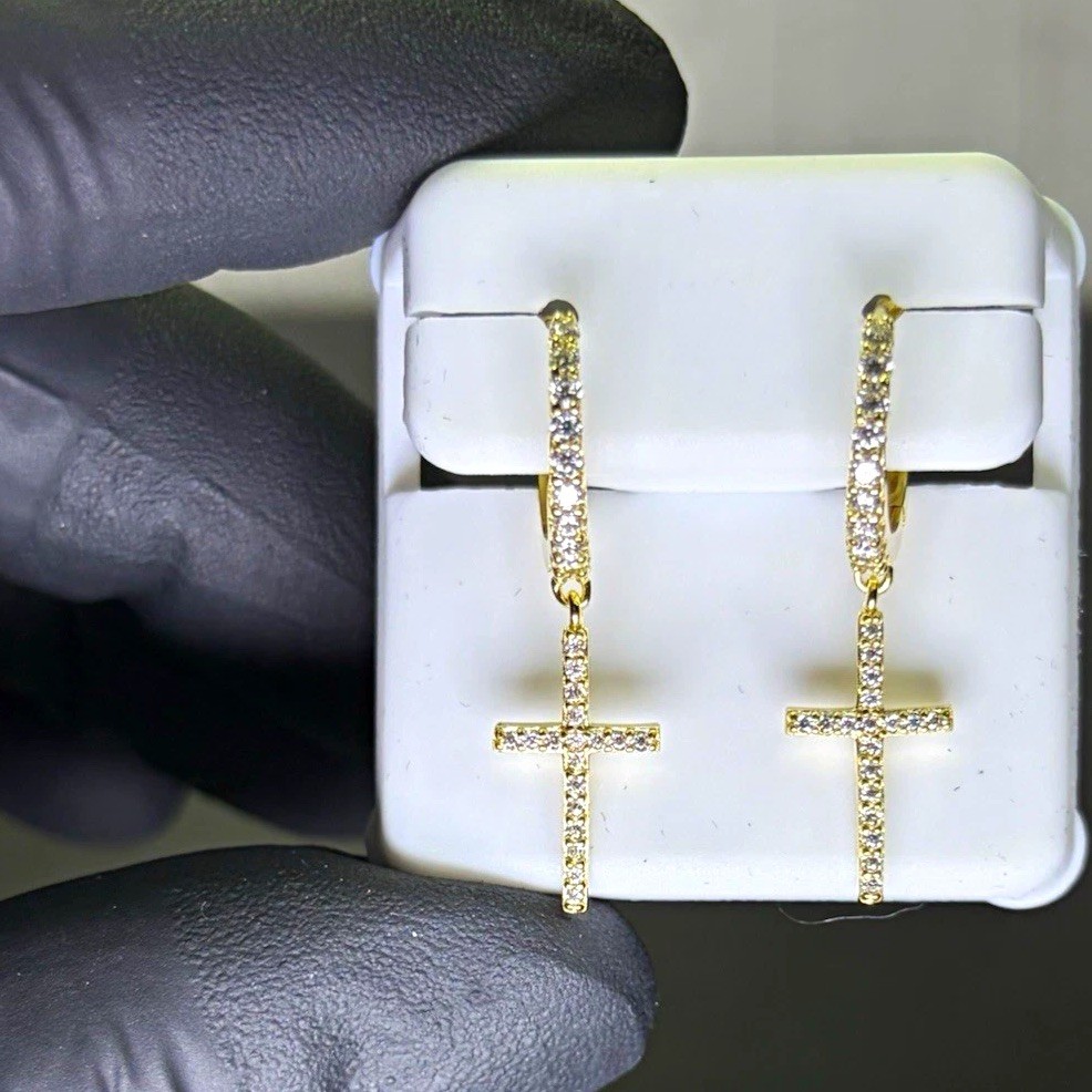 18kt Gold Vermeil/ 925 Sterling Silver Moissanite Cross Huggie Earrings 1CTW