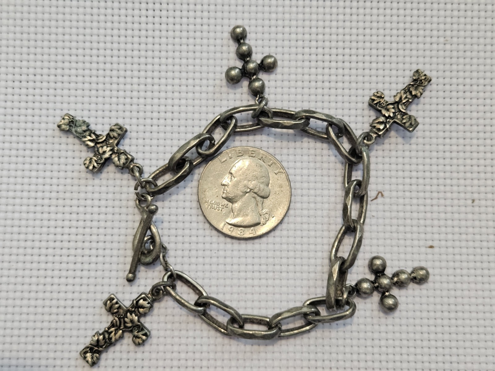 Silver Tone Cross Charm Toggle Bracelet Chunky Chain Religious Tarnished Vintage