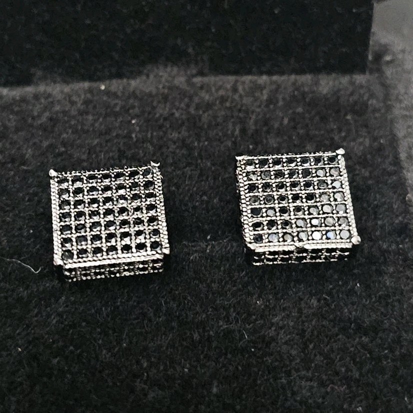 10.2mm Black Tone Metal Square Black CZs Pavé Stud Earrings-Butterfly