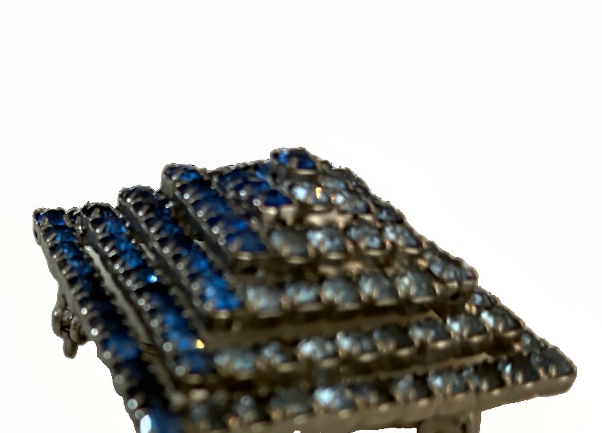 Vintage Dimensional Pyramid Brooch Two-Tone Cobalt Blue Rhinestones