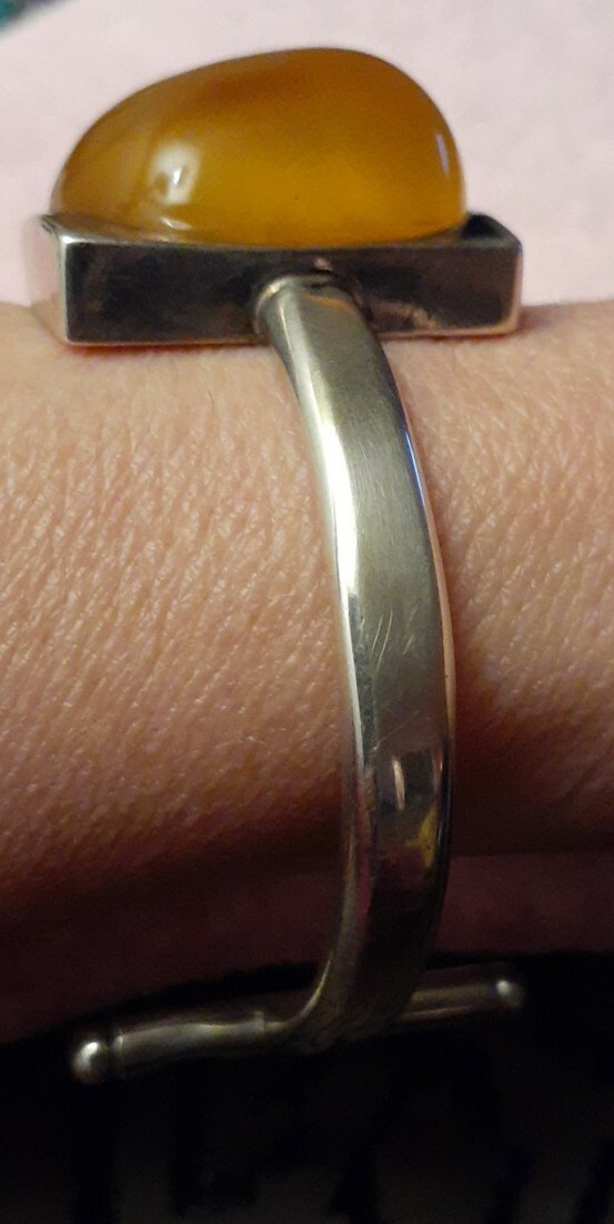 Vintage Sterling Silver Polish Honey Amber Cuff Bracelet Size Large