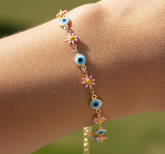 Charming Gold Color Floral Daisy Bracelet Evil Eye Protection Link Chain Bracele