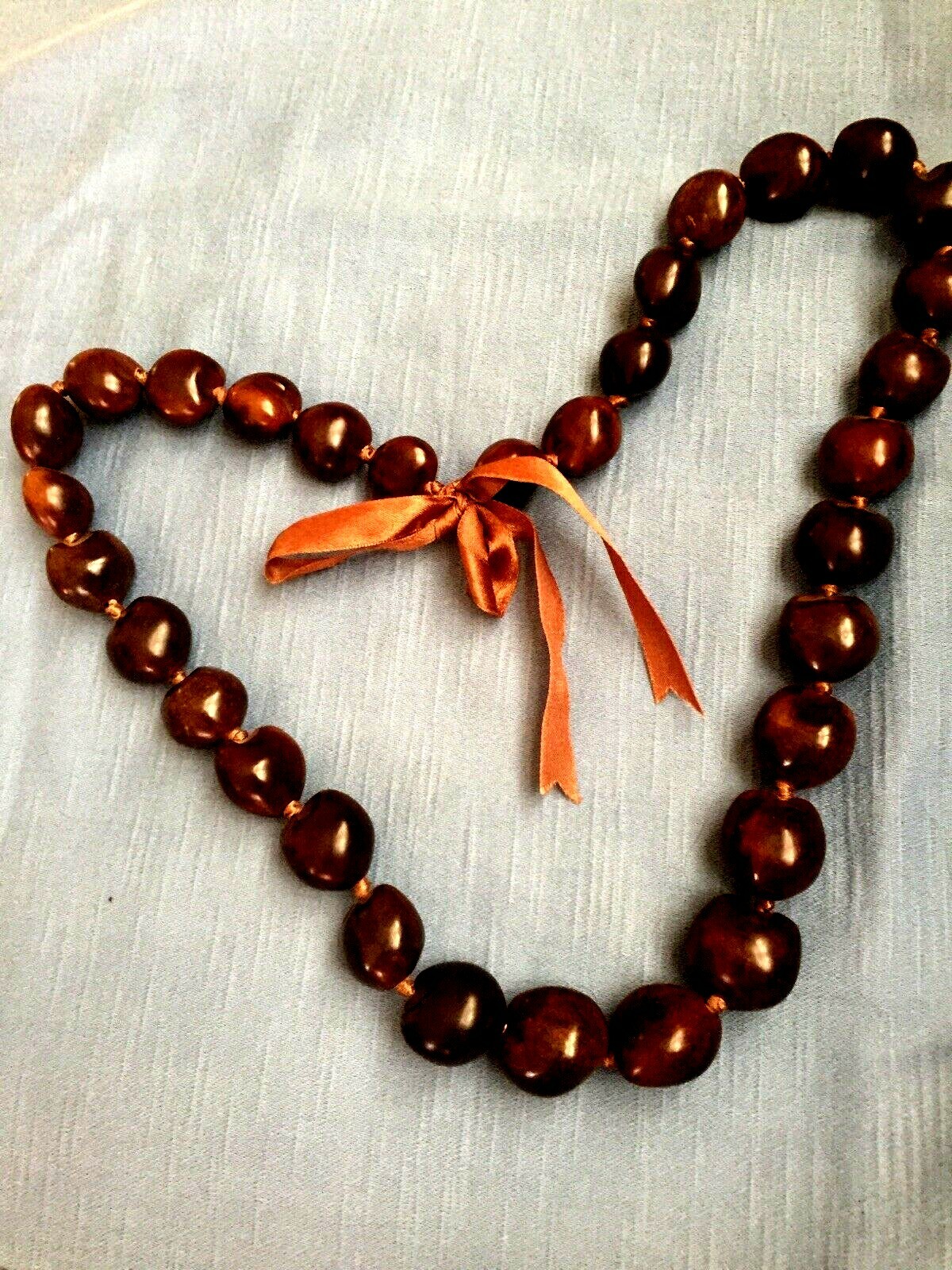 kukui nut necklace Dark Brown With Ribbon Tie 32” Long