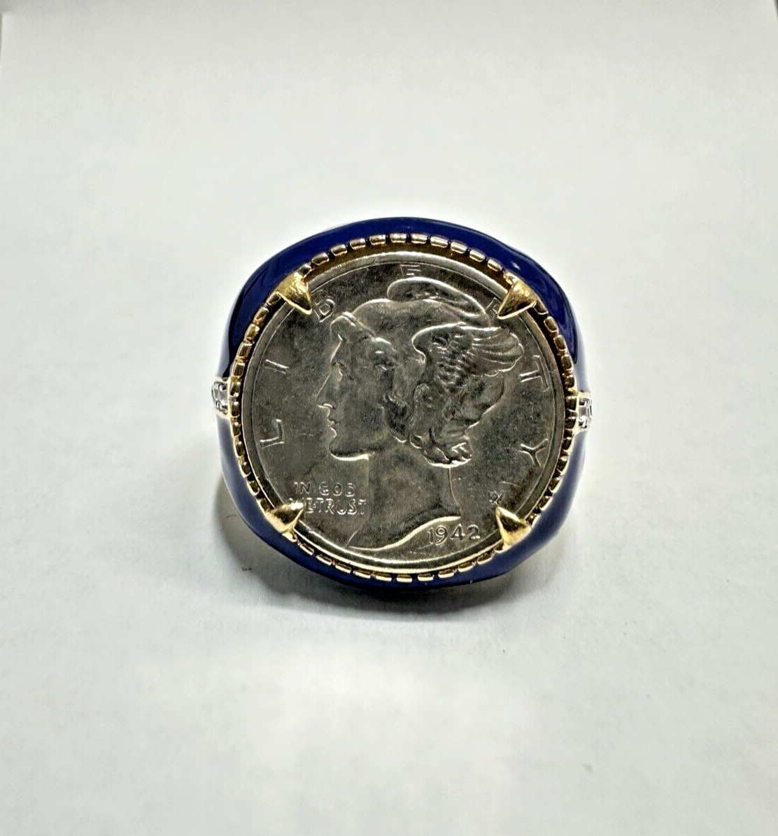 US Mercury Dime Coin Gold-Plated Sterling Silver Signet Ring Size 6, Mens Womens