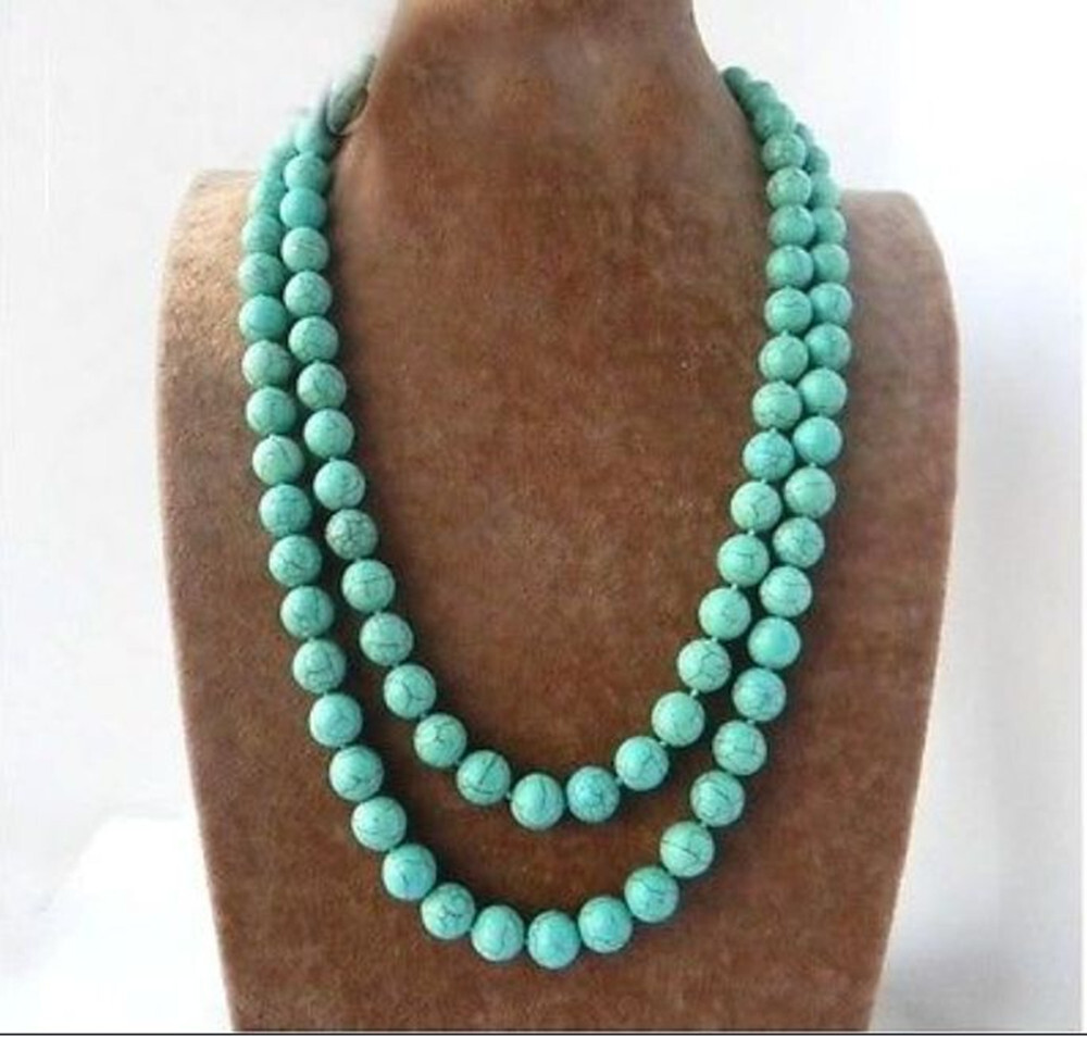 long 72 Inch 10mm Blue Turkey Turquoise Gemstone Necklace