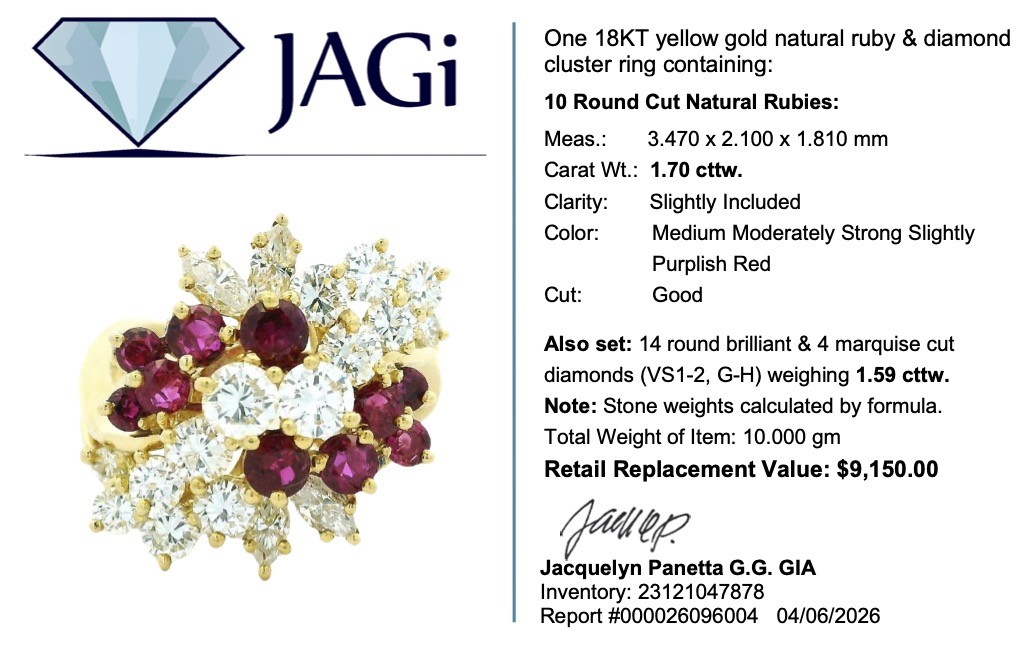 3.29ctw Ruby and Diamond Cluster Statement Ring 18k Yellow Gold Size 6.75