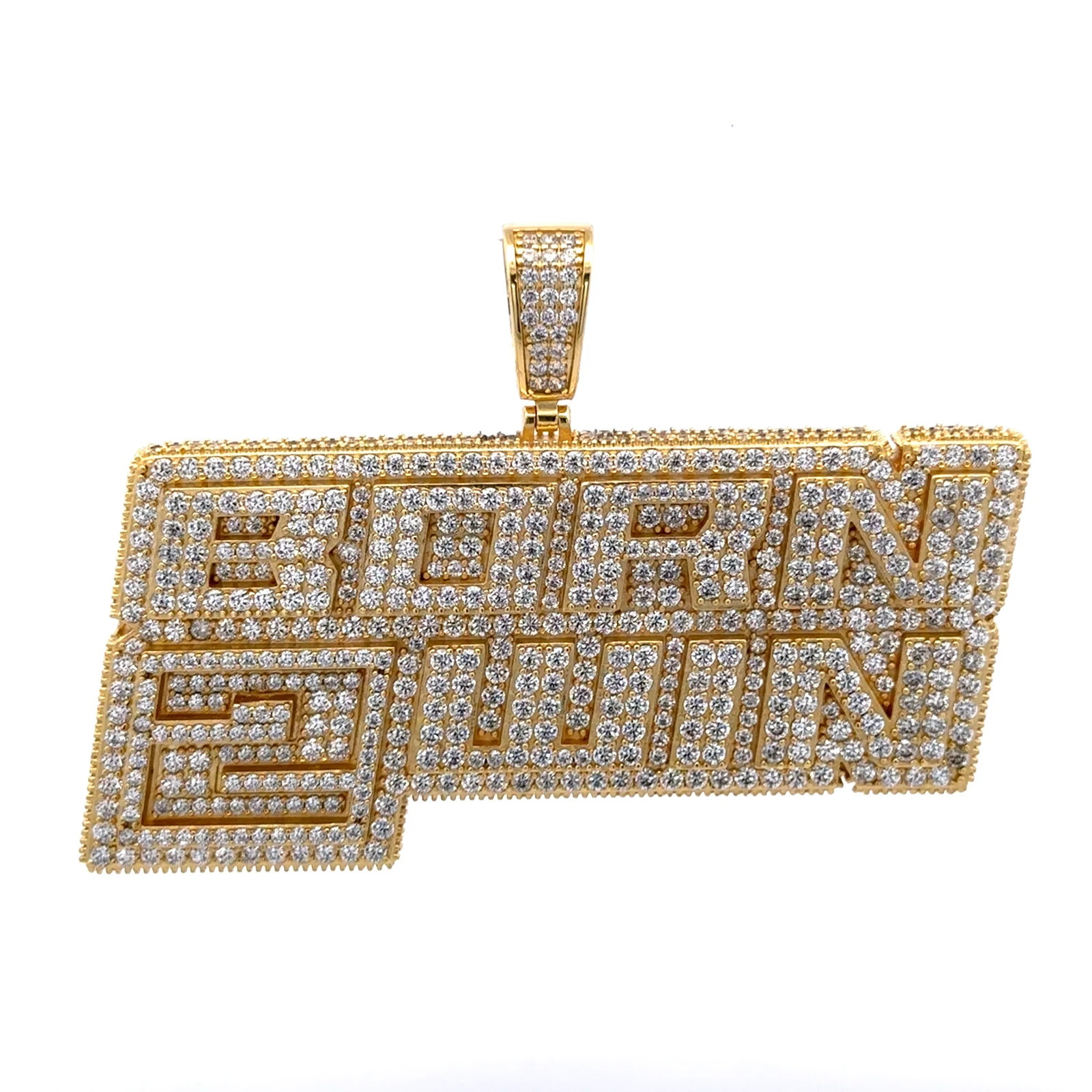Brass Born 2 Win Pendant CZ Iced Out Hip Hop Jewelry Rhodium Plated