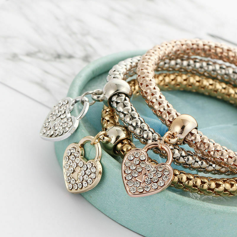 Silver Rose Gold White Topaz Heart Charm New Fashion Bracelet Bangle 3 in 1 Set