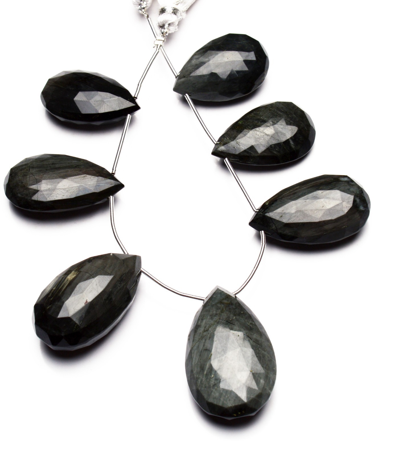 Natural Black Chrysoberyl Cat’s Eye Gem Faceted 26×17 to 34x20MM Pear Beads 7.5″