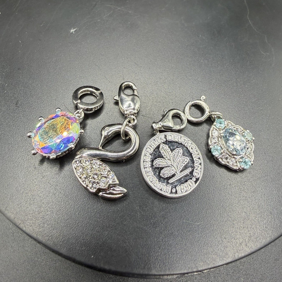 Silver Tone Dangle Charm Lot, Lobster Clasps, Swan Leaf Coin Oval Crystal