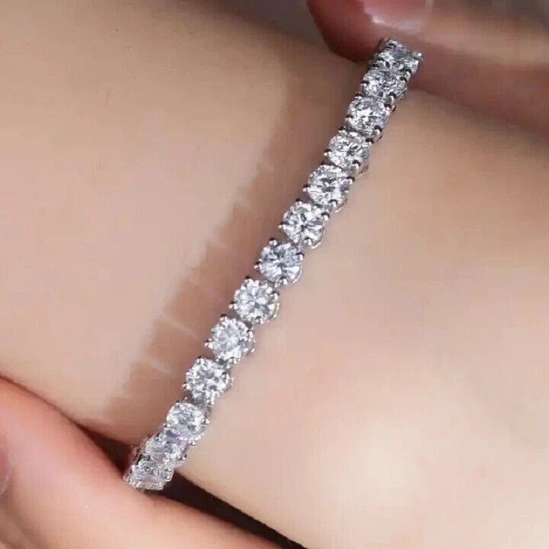 4mm Round Cut 10 CTW DEF Moissanite 14K White Gold Plated Tennis Bracelet 8 Inch