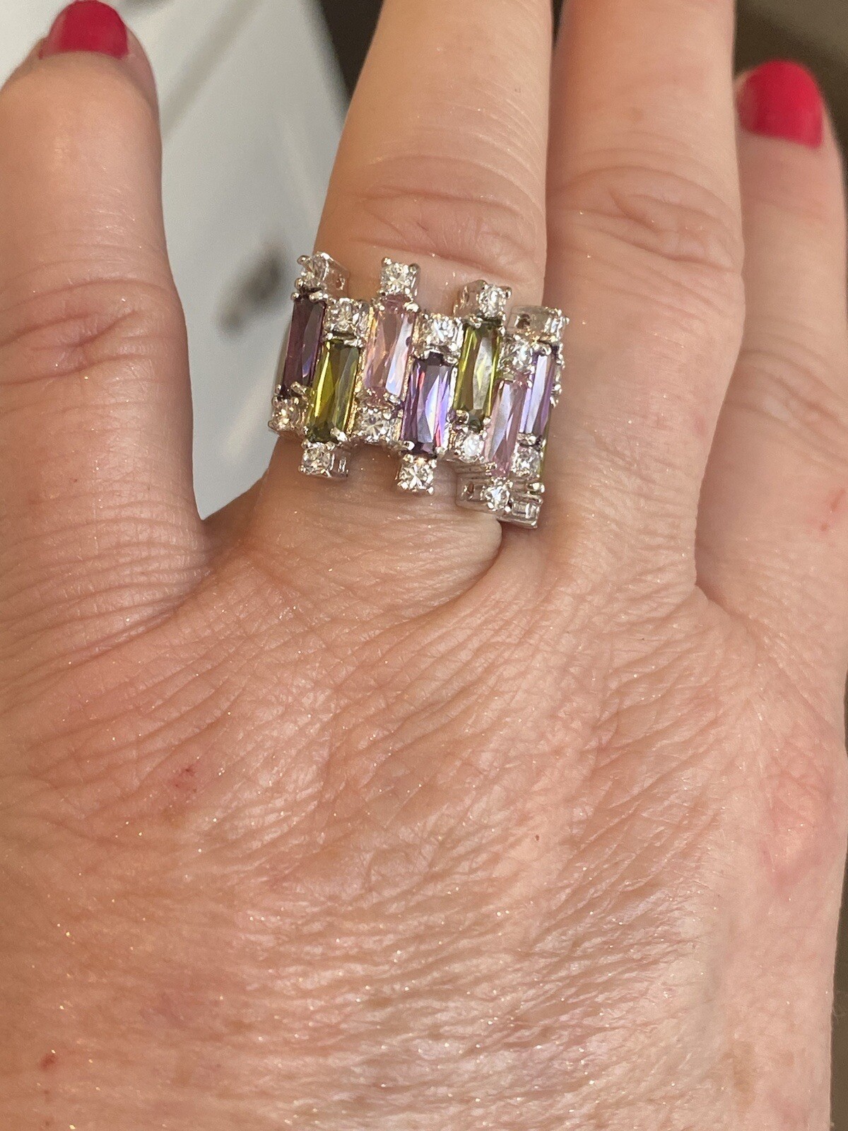 Sterling Silver Pink, Green, Purple, & White Cubic Zirconia Ring HSN
