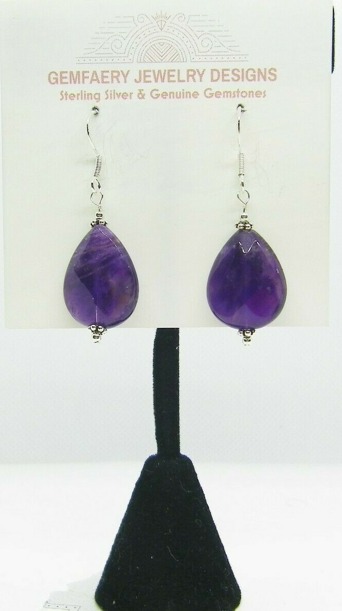 Sterling Silver Faceted AMETHYST Teardrop Dangle Earrings #2114…Handmade USA