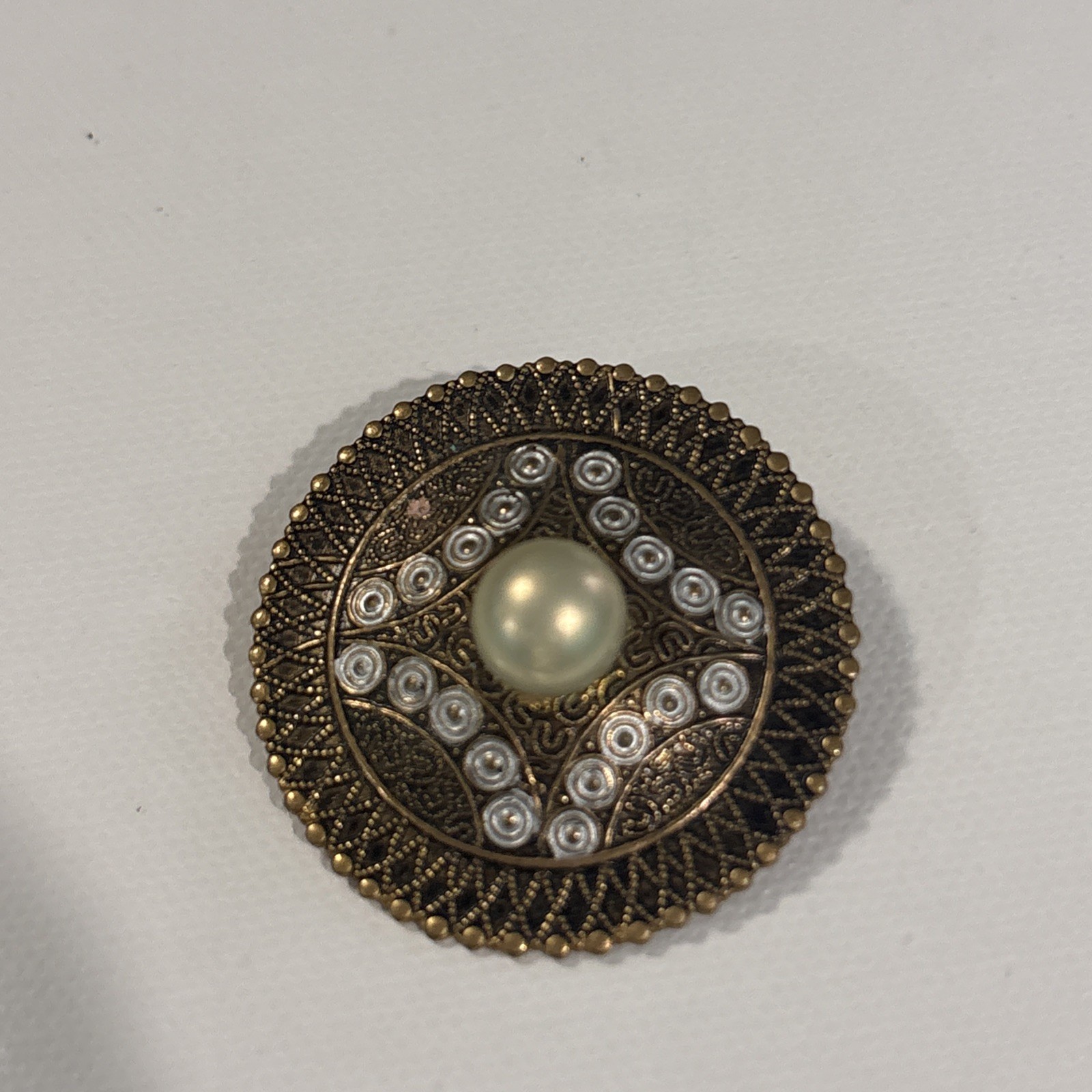 Vintage Damascene Brooch Pin Gold Silver Tone w/ Faux Pearl Center Round MCM