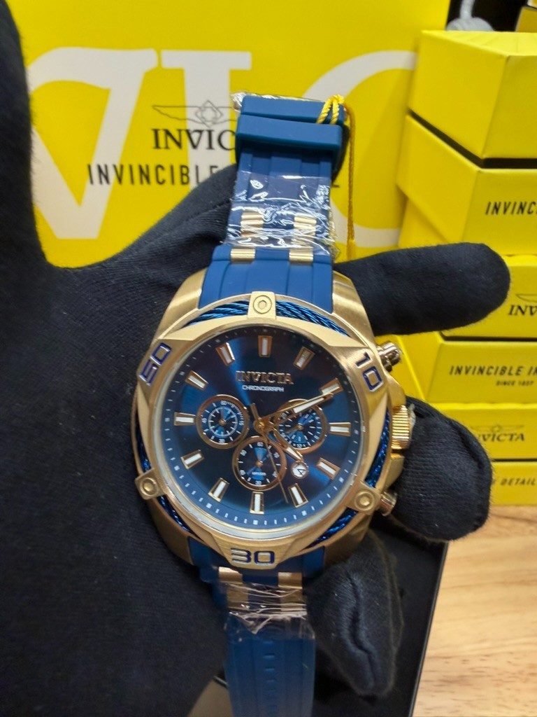 Invicta Bolt 34139 Men’s 50mm Gold Blue Cable Bezel Blue Dial Silicone/Steel Qua