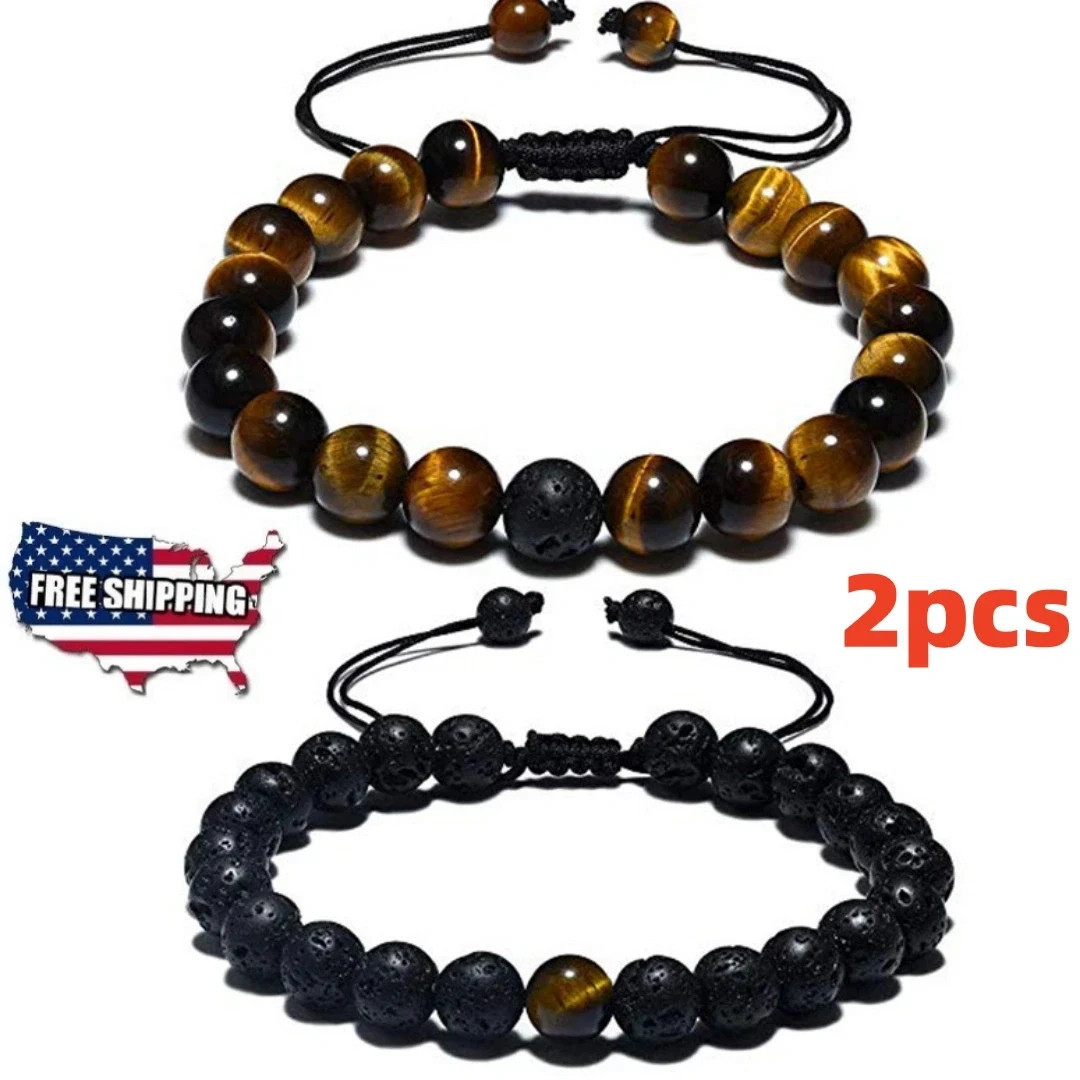 2Pcs Mens Tiger Eye Lava Rock Bracelet Adjustable Stone Jewelry Gift Set