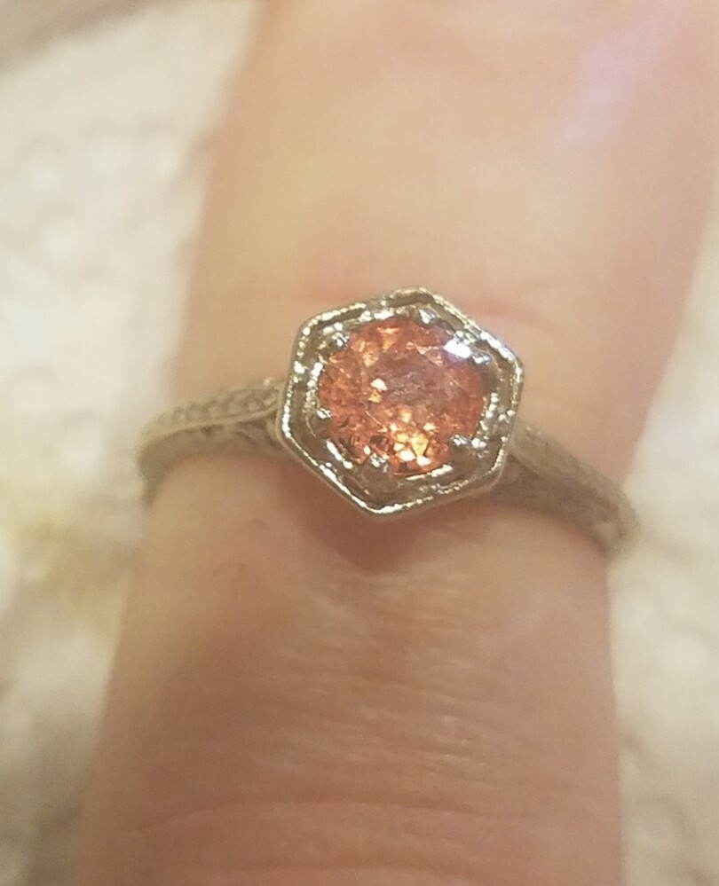 .75ct Natural Padparadscha Sapphire 18kt white gold. A Filigree Ring. Size 5 1/4