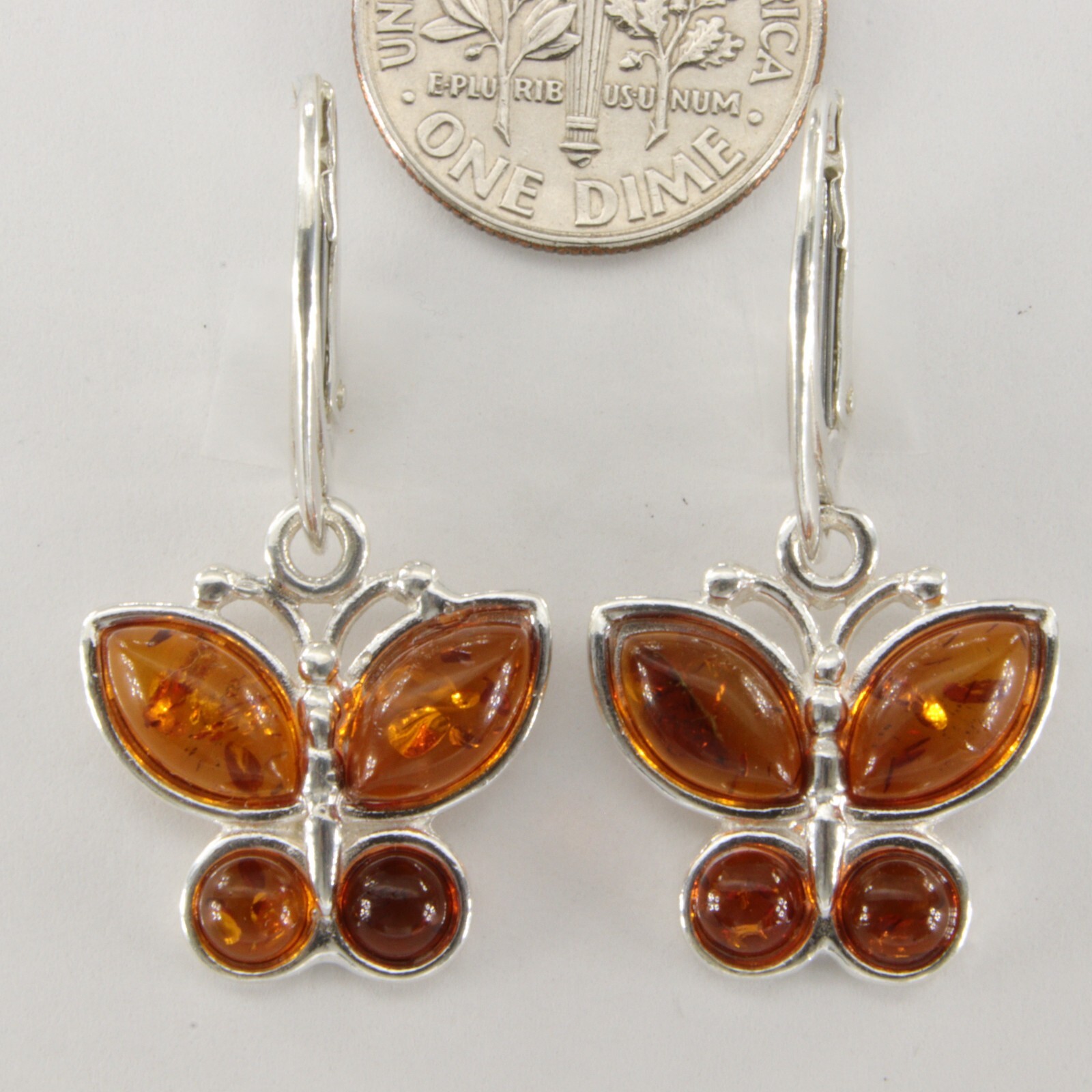 Cognac Brown BALTIC AMBER Butterfly Leveback Earrings 925 STERLING SILVER #5528e