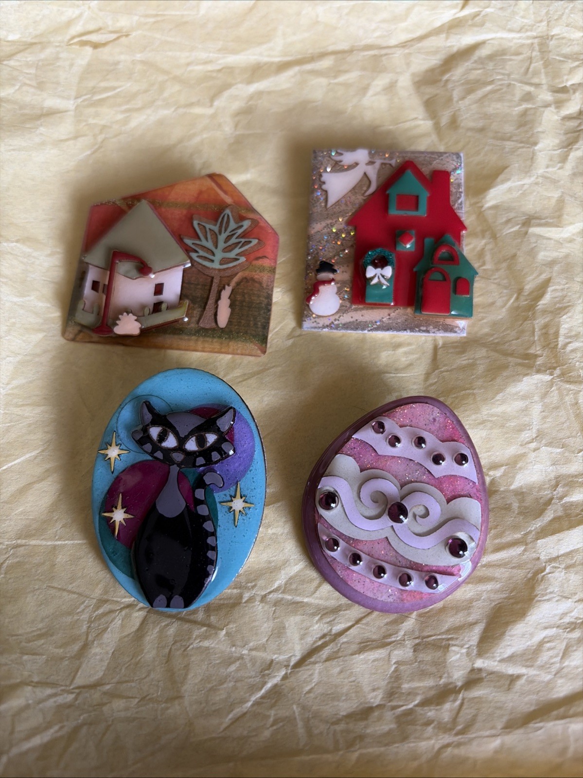 Vintage Lucinda Pin Lot-MCM Retro House-Easter Egg-Cat Pin-Christmas Snowman