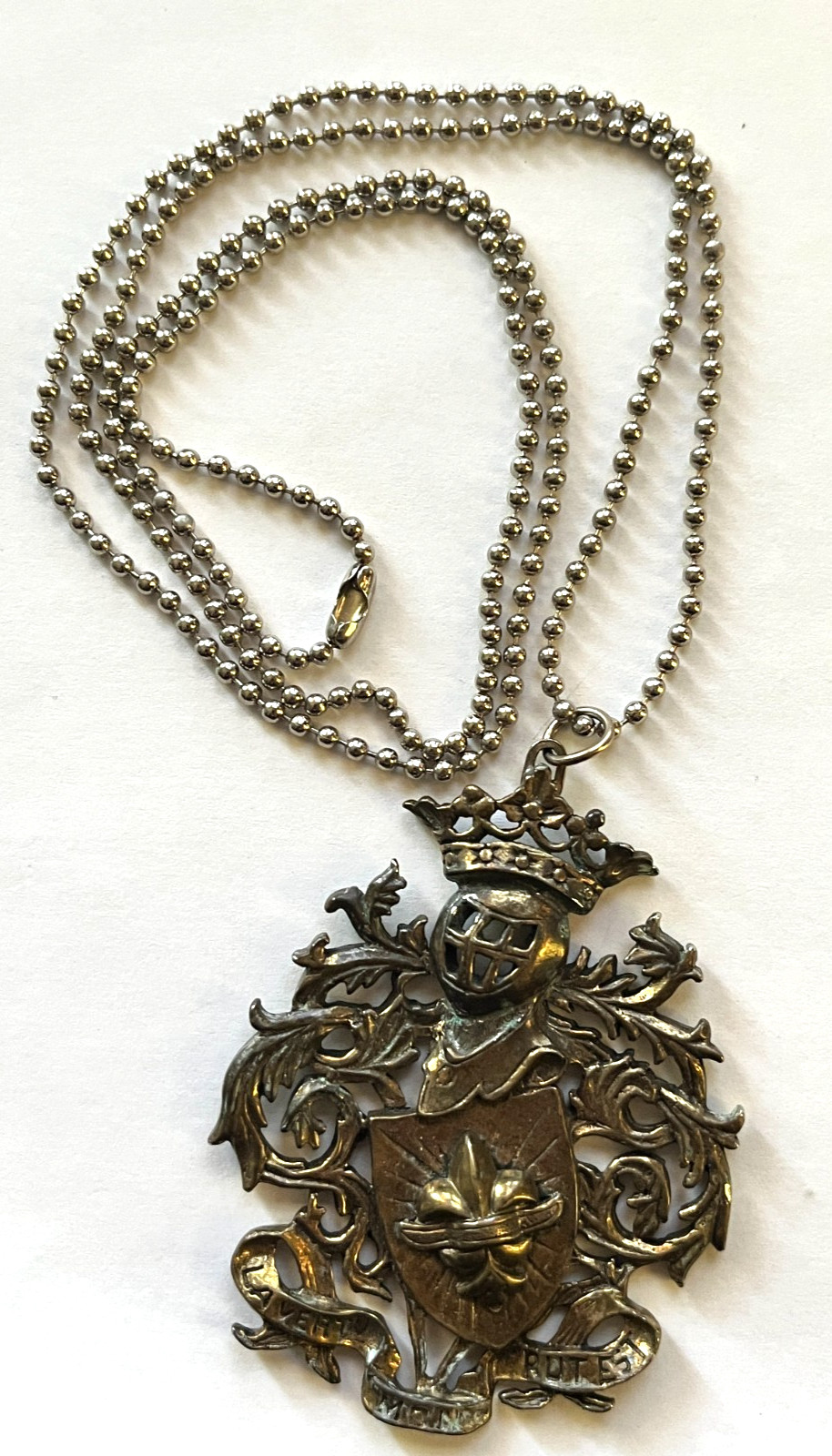 Vintage Coat of Arms Crown Fleur de Lis Shield Pendant Brass/Bronze with Patina
