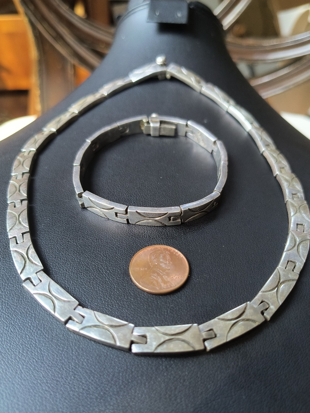 VTG Sterling Silver 925 Matching Panel Necklace and Bracelet TAXCO Mexico 114g