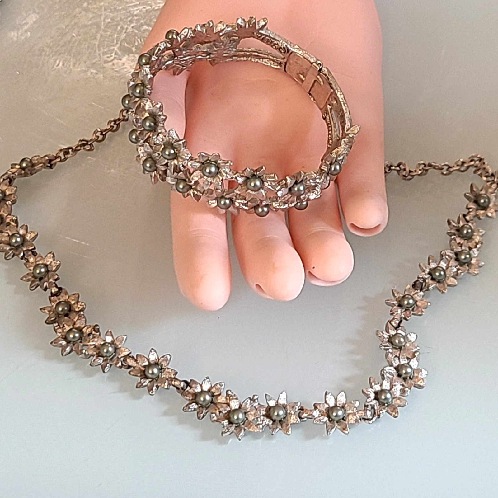 Vintage Marboux BOUCHER Floral Clamper Bracelet Necklace Set Grey Green Pearl