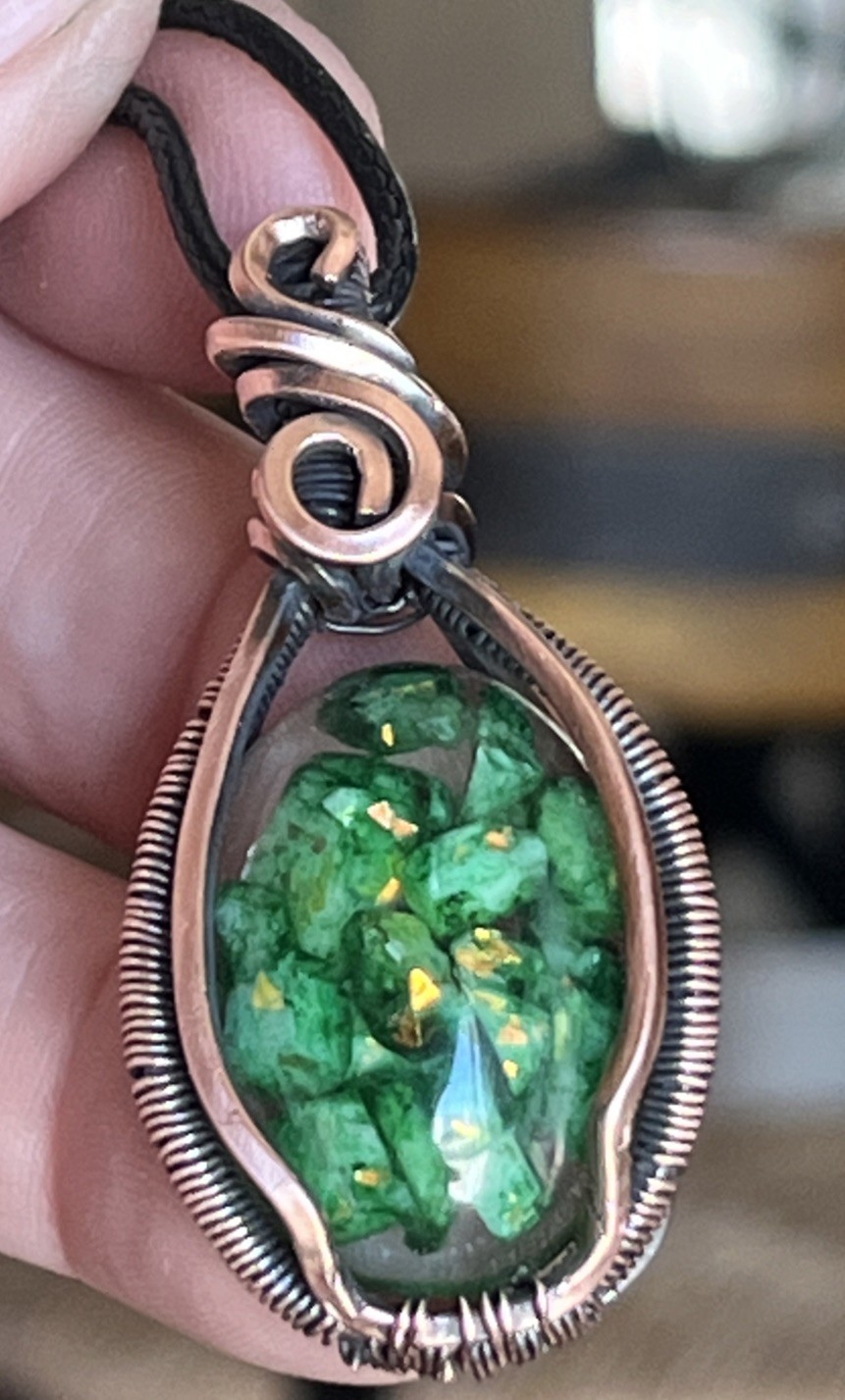Green Calcite (in resin)~ Handmade copper wire wrapped pendant 5g