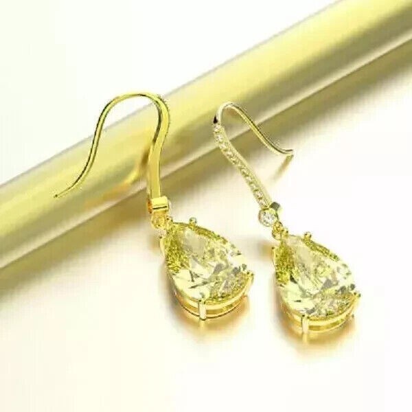 3Ct Pear Cut Simulated Yellow Citrine Drop Dangle Earring 14K Yellow Gold Plated