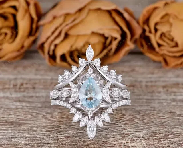 2Ct Pear Cut Lab Created Aquamarine Engagement Trio Ring 14K White Gold Plated