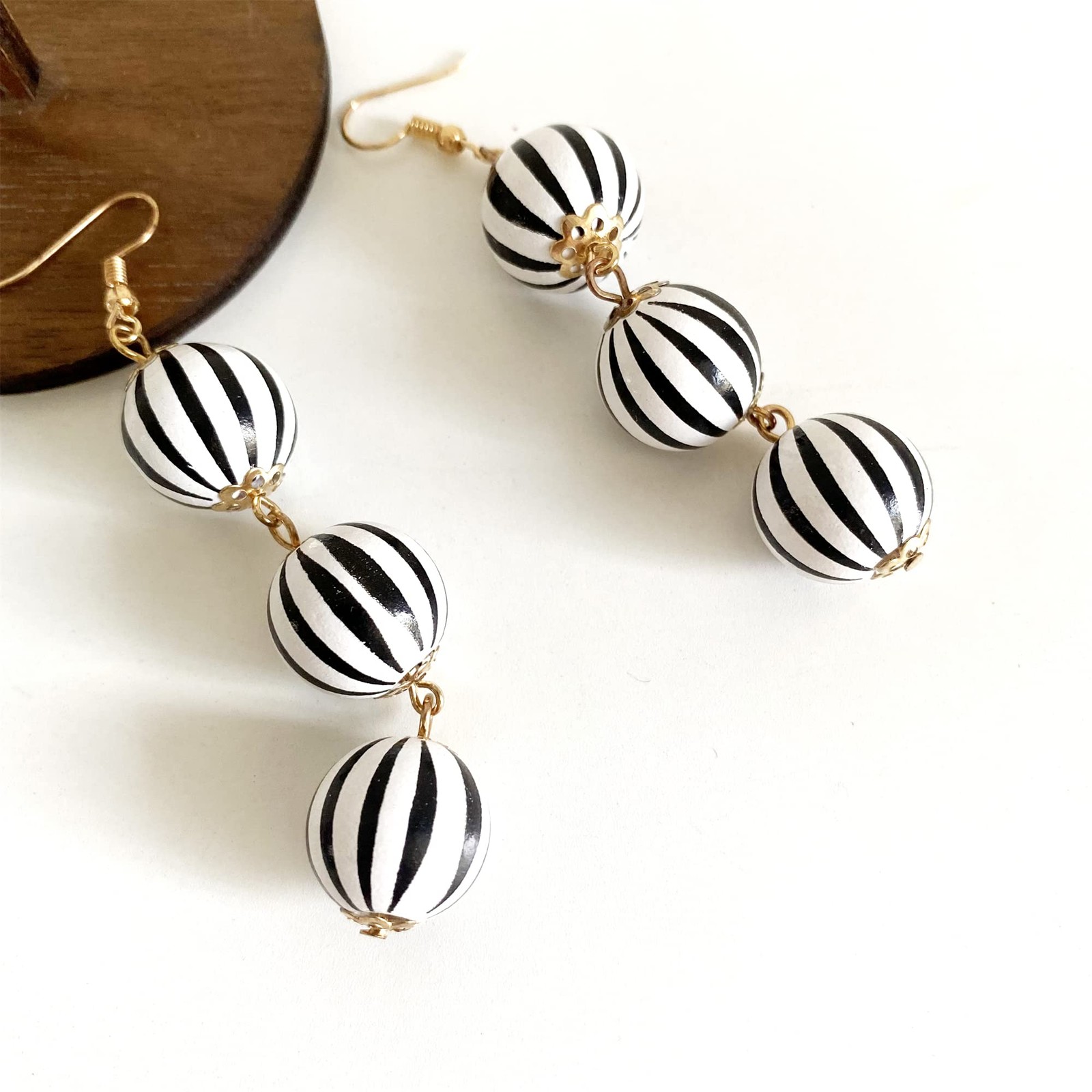 Unique Handmade Lightweight Long Three Nature Wooden Beaded Ball Dangle Drop …
