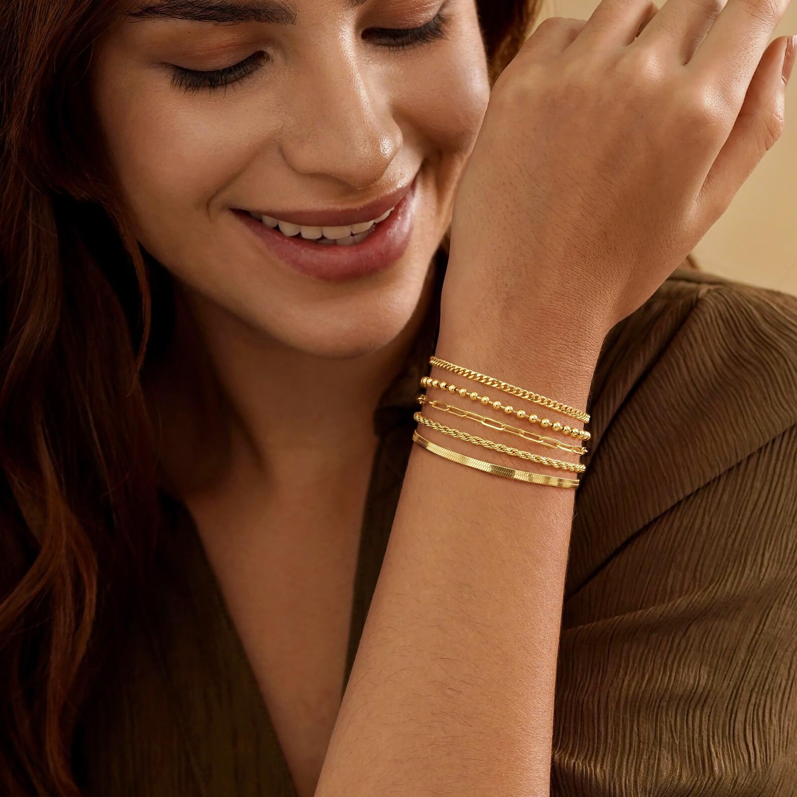 Gold Bracelets Set for Women Stack, Chunky Thick Bracelets Stack for Women Tr…
