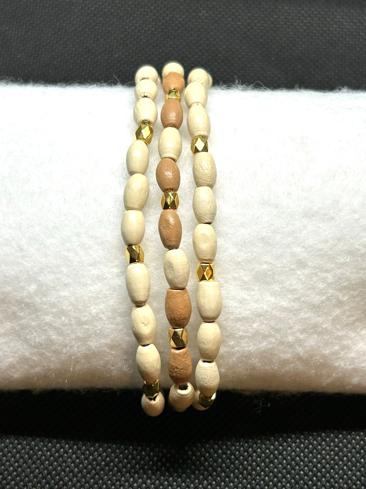 Ivory & Tan with gold accents Bamboo Wooden Beaded Bracelet Set Size M