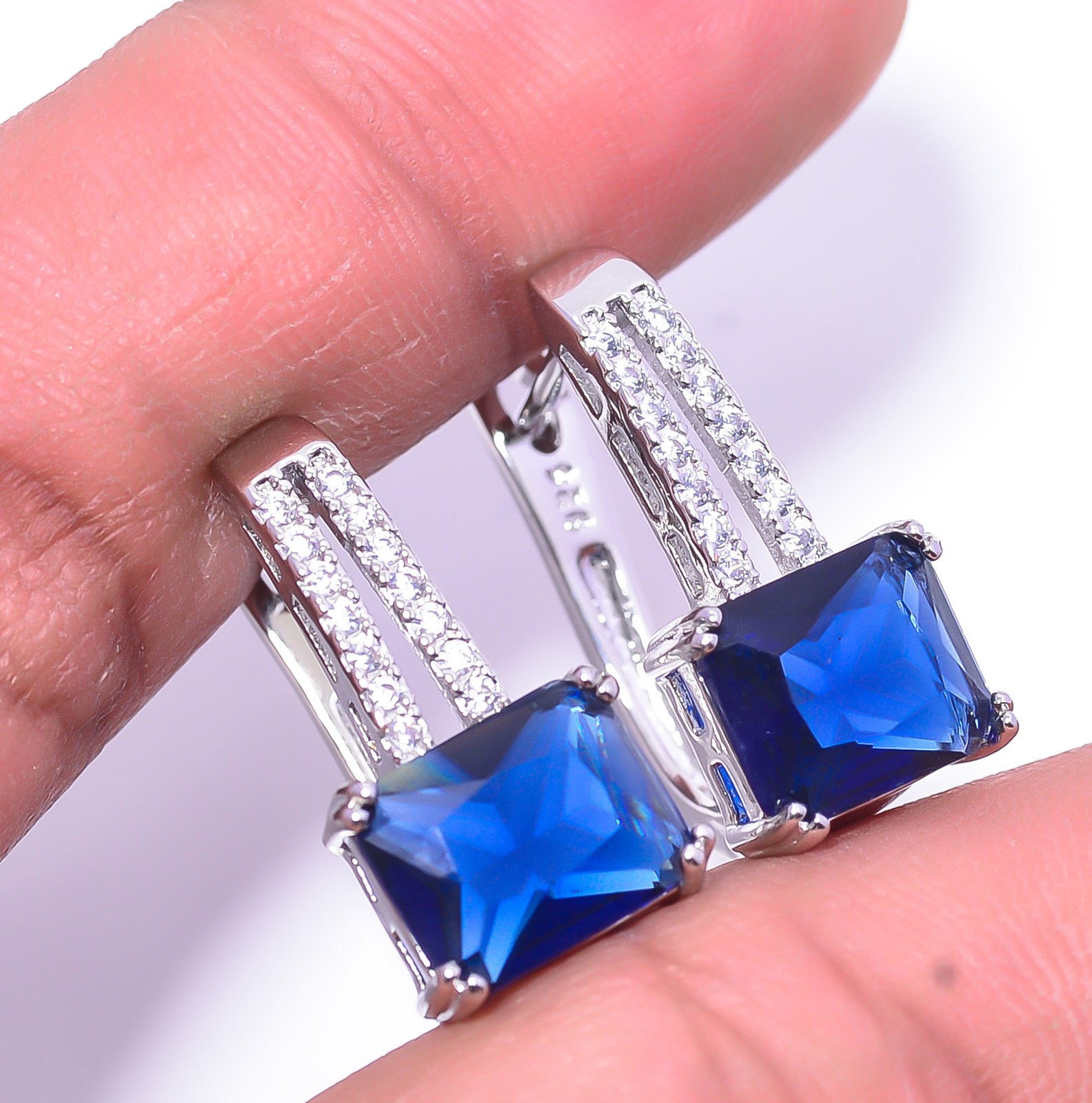 Blue Sapphire – Simulated & Cubic Zirconia 925 Sterling Silver Earring 0.86″ E47