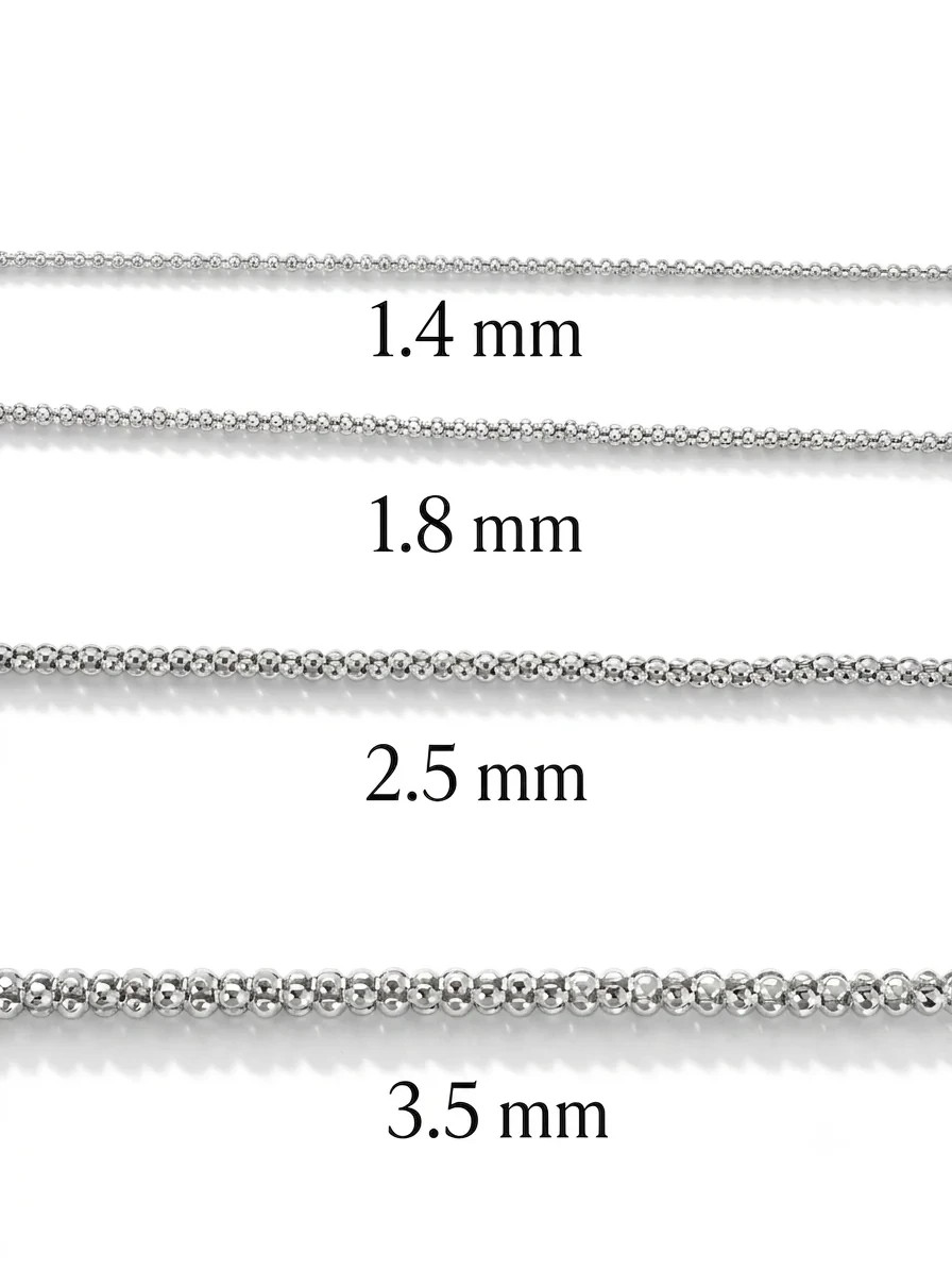 Popcorn Chain Necklace Rhodium Plated 925 Sterling Silver Italy 1.4-3.5mm