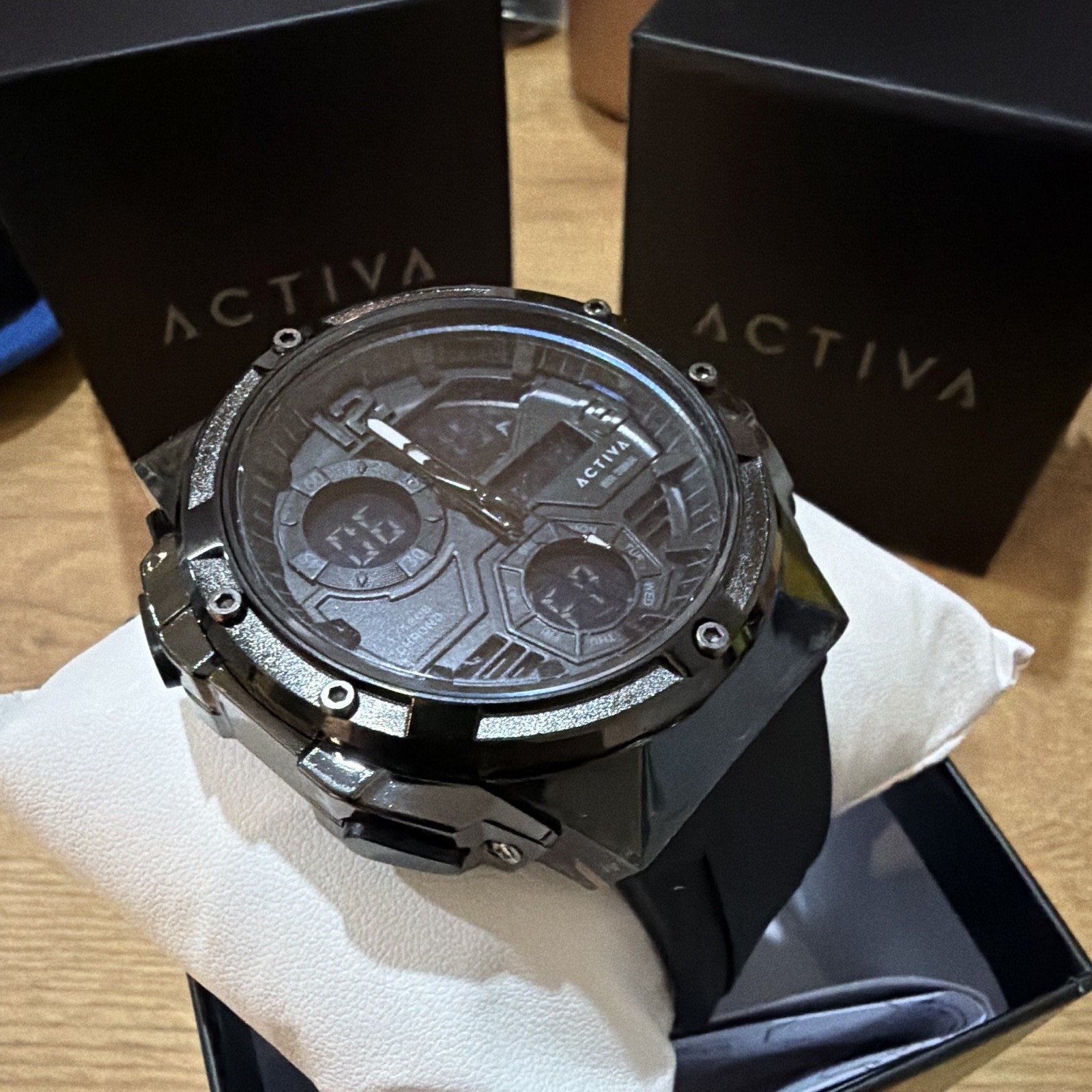 Activa 50mm WR 5BAR Ana-Digi Quartz Chronograph 50m Black Rubber Strap w/ Box