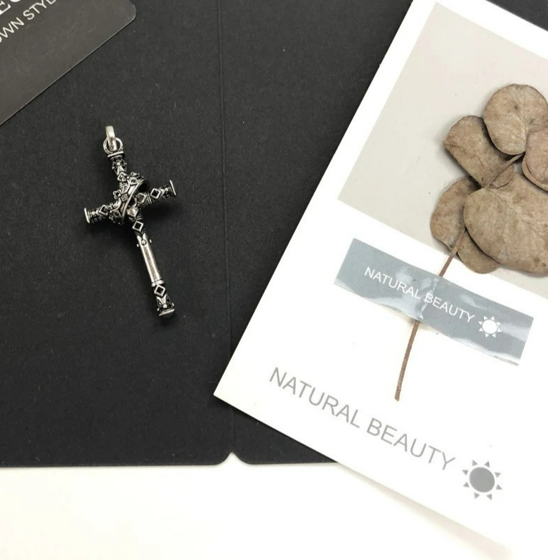 Cross Pendant Crown Antique Vintage 925 Sterling Silver 2.2 Inches Long